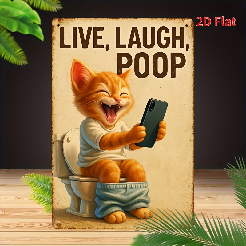 Home Bathroom Signs - Tuvalette Komik Kedi Metal Duvar Sanatı